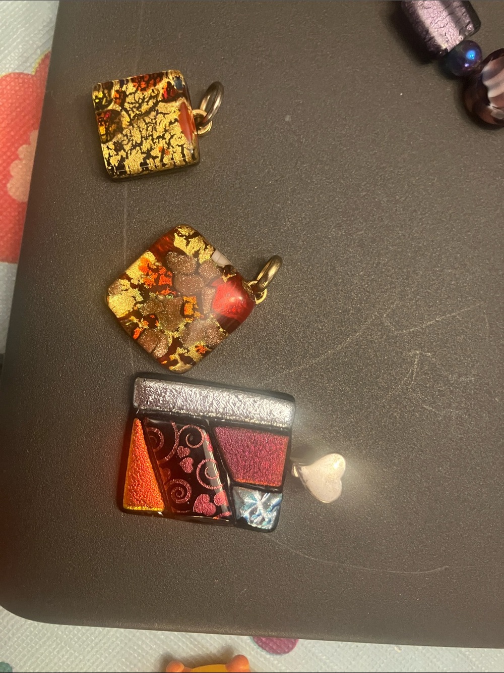 Murano Multicolor Gold Red Pink Glass Pendants.    Three Pendants total.